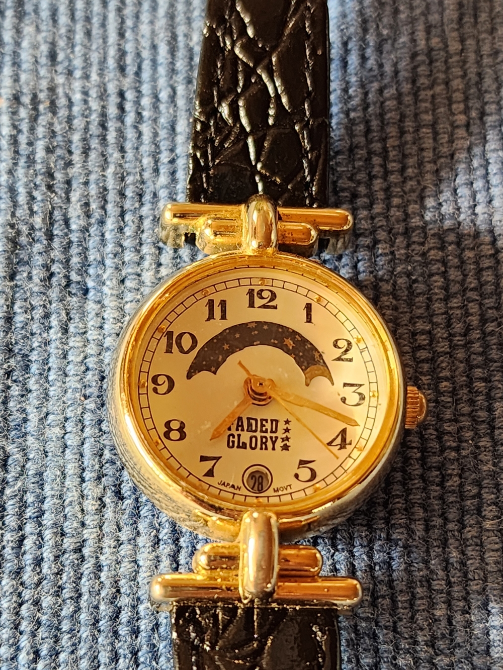 Vintage Moon Phase Faded Glory Gold-Tone Watch with Black Strap